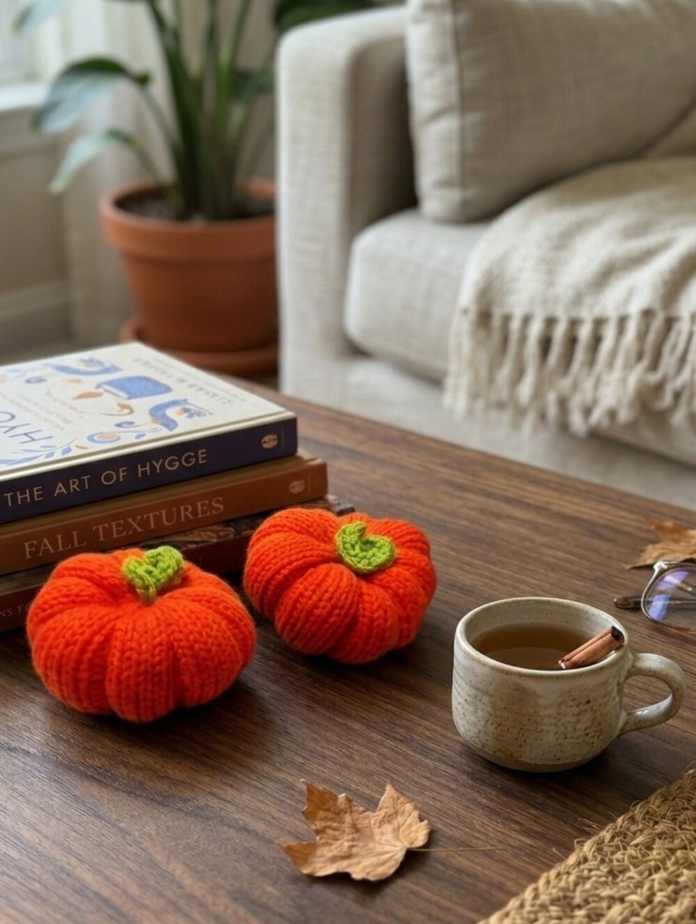 Hand Knit Mini Pumpkins 2pc Set 2.5x14 Inches